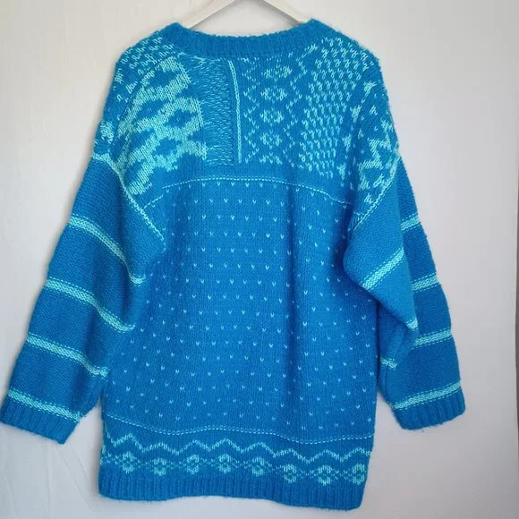 Free People Chunky Knit Sweater Blue Green Stripe Pullover Womens Medium - Picture 7 of 11